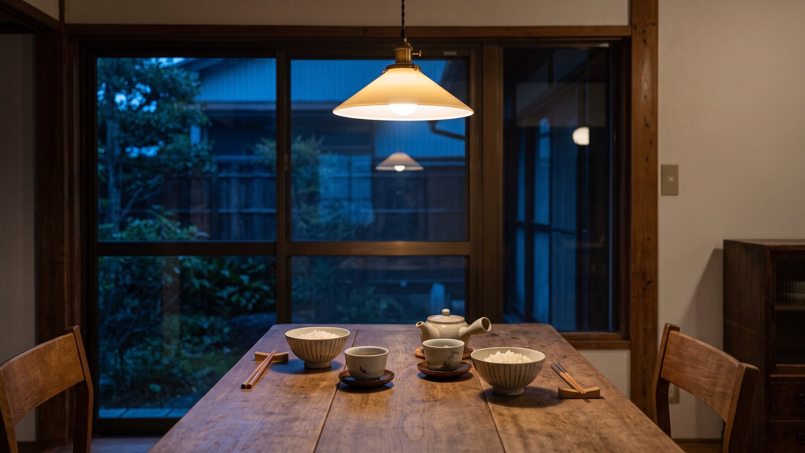 夕方の食卓に、二人分のご飯茶碗と湯のみ、急須が並んでいる