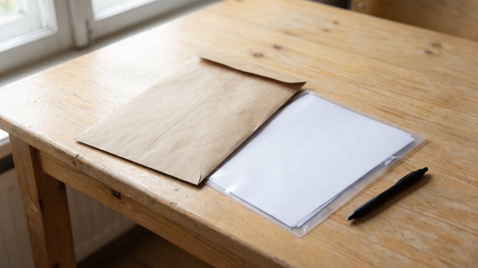 茶封筒と、書類を入れたクリアファイル