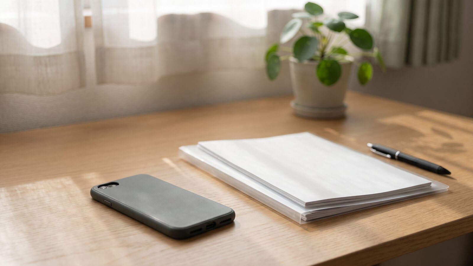 木の机の上に、伏せたスマートフォンと書類の束が置かれている