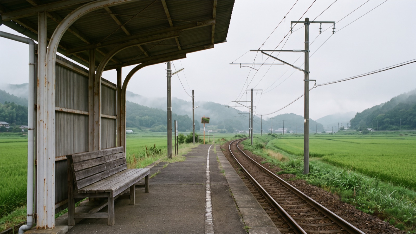田んぼの中にある小さな駅のホーム。屋根の下に木のベンチがあり、線路が山の方へ続いている