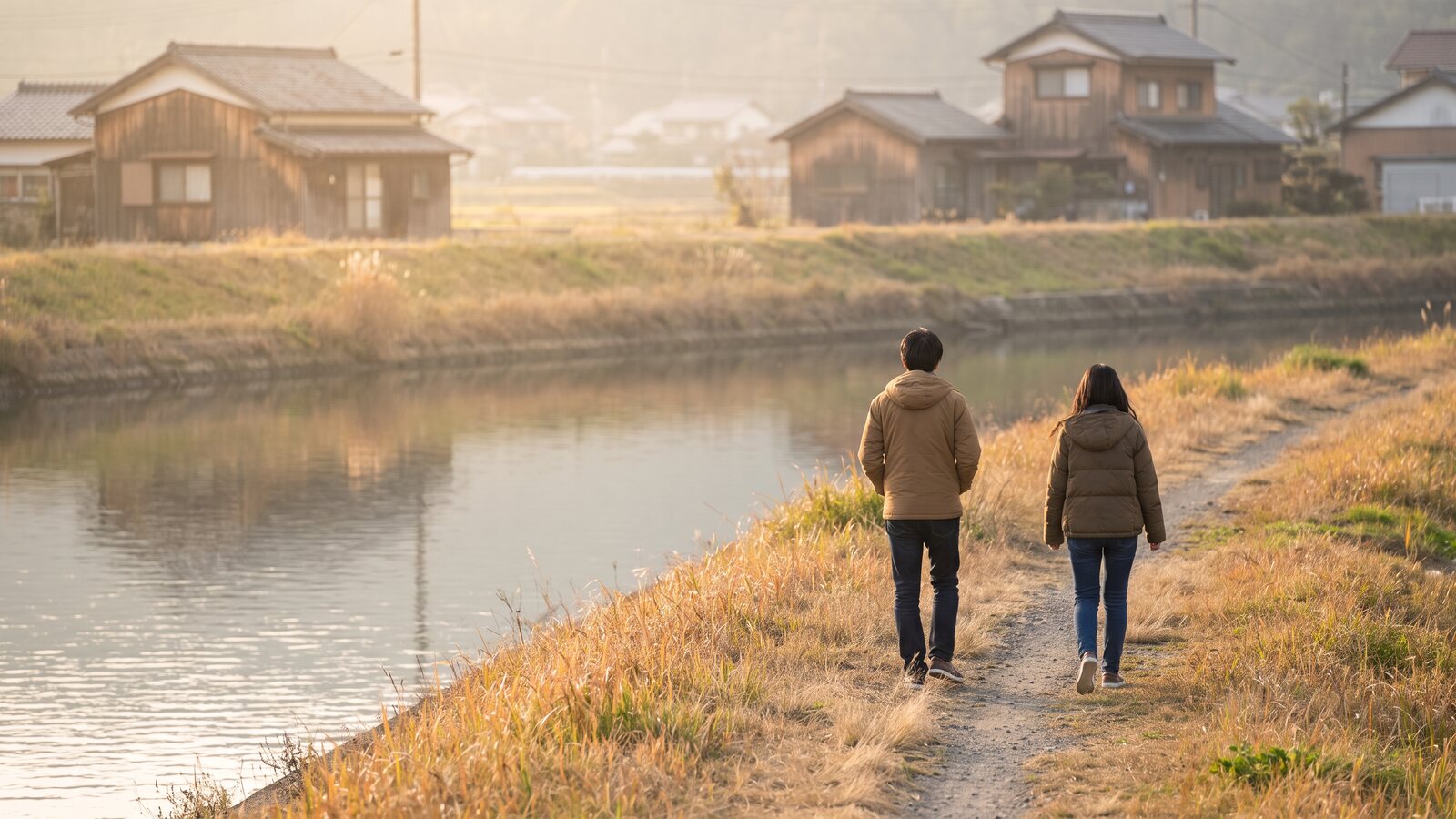 川沿いの道を並んで歩く2人の後ろ姿